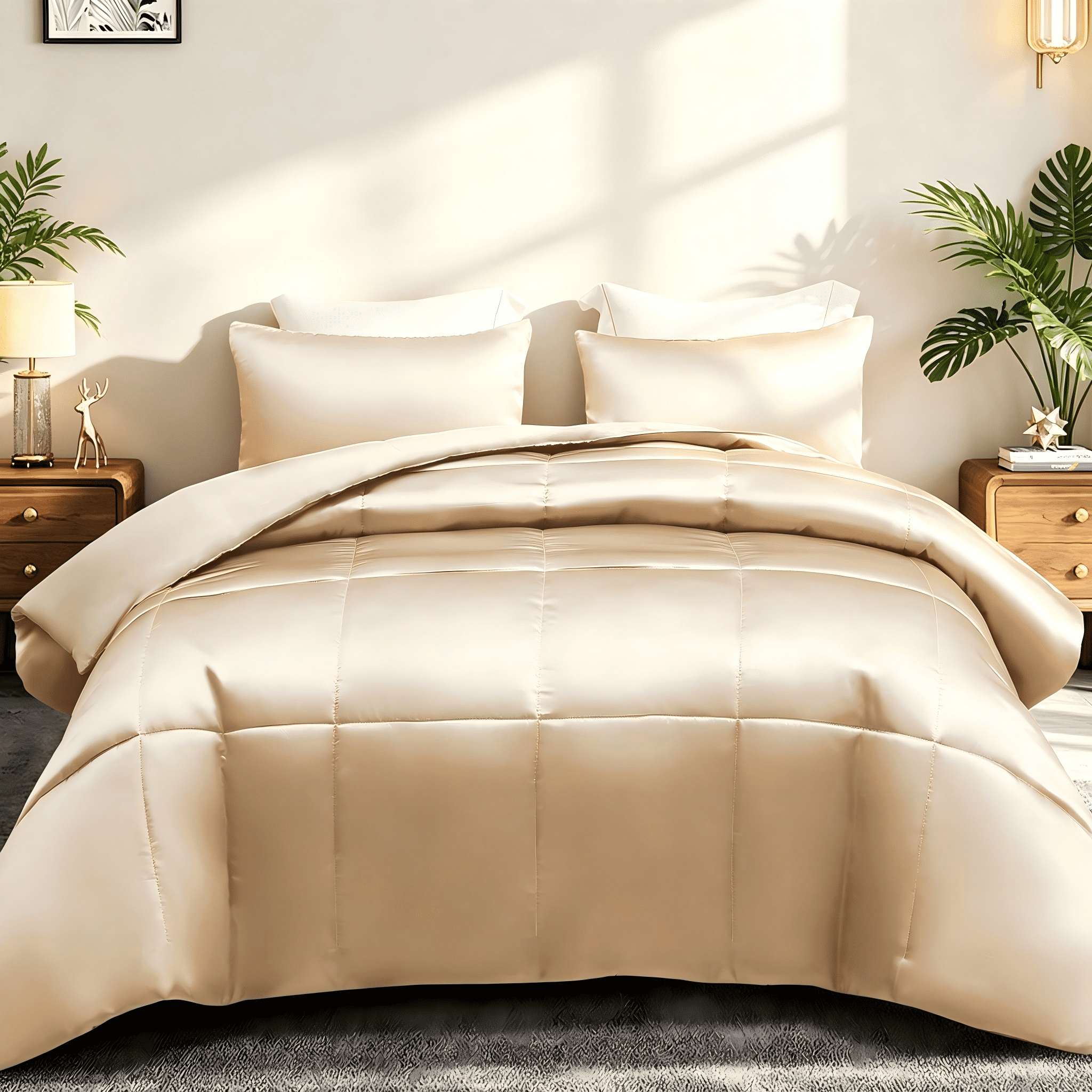 Whale Flotilla 3-Piece Reversible Silky Satin Queen Size Comforter Bedding Set, Lightweight Luxury Comforters with 2 Pillowcases All-Season, Champagne