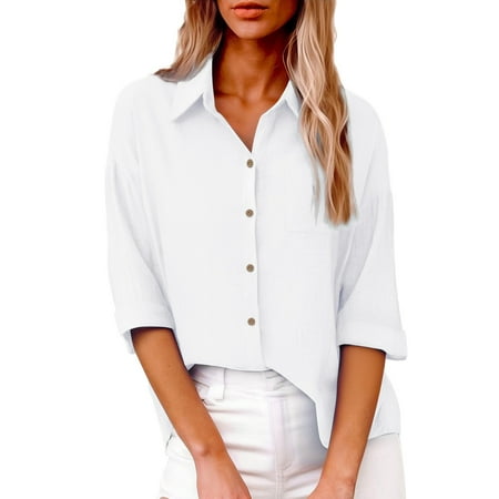 Aoiroe Women 2026 Loose Fit Tops Linen Button Up Shirts for Women Vacation Outfits 2026 Summer Spring Fashion Clothes Womens Fashion Vintage Vacation Tees Y2k Tops White M