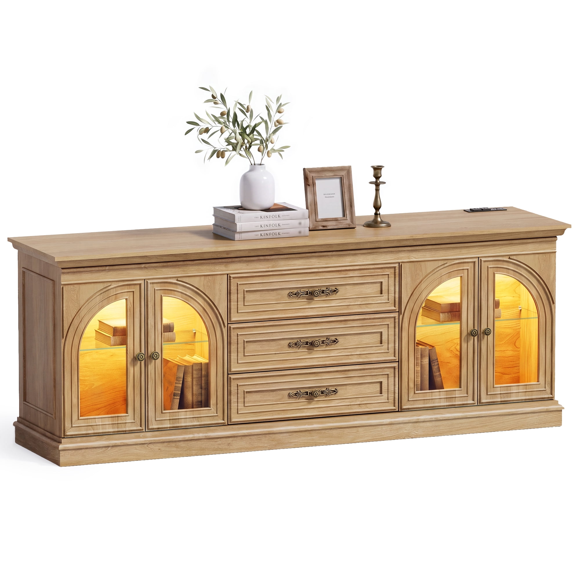 Lacoo 63'' Vintage-Style TV Stand for TVs Up to 70'' with LED Lights and Outlets, Entertainment Center with Storage Cabinets and Drawers for Living Room, Natural