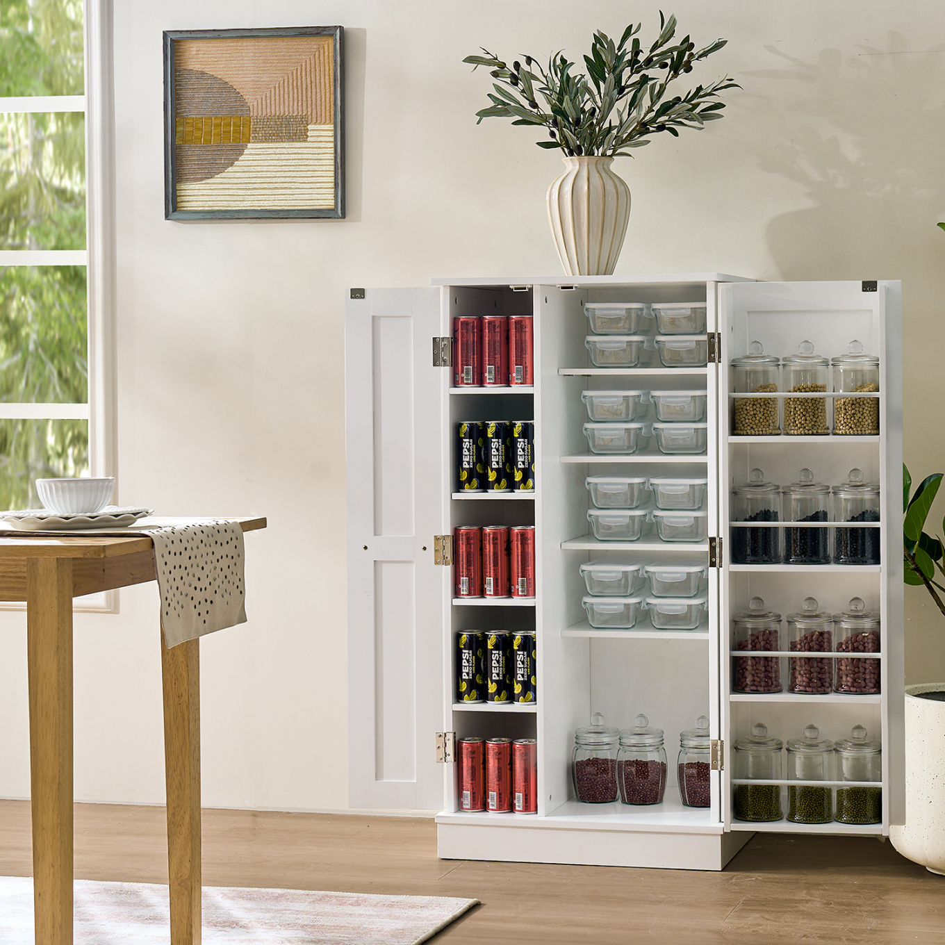 Freestanding Kitchen Pantry Cabinet with Adjustable Shelves & Door Storage, Space-Saving White Cabinet for Kitchen, Dining Room Craft Room Organization (Small Size)