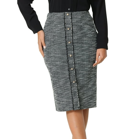 INSPIRE CHIC Women's Tweed Skirt Elegant High Waist Button Decor Knee Length Office Pencil Skirts