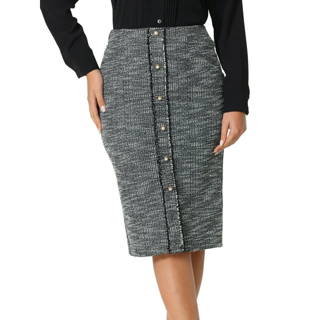 Falda de tweed elegante de mujer INSPIRE CHIC con cintura alta, decoración de botones, longitud a la rodilla, faldas de lápiz de oficina negra 2XL