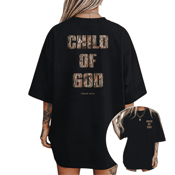 UNISHE Women's "Child of God" Psalm 139:14 Camo Print Graphic Short Sleeve T-Shirt Casual Cotton Crewneck Top