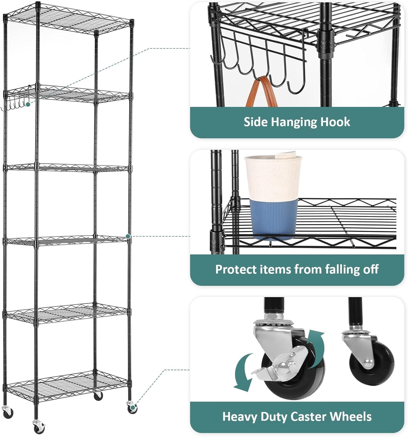 Sailvan 6-Tier 72"H Metal Storage Rack with Wheels, Slim Wire Shelving Unit for Pantry Kitchen Bathroom, Adjustable Shelves with Hooks, 530lbs Cap,Black