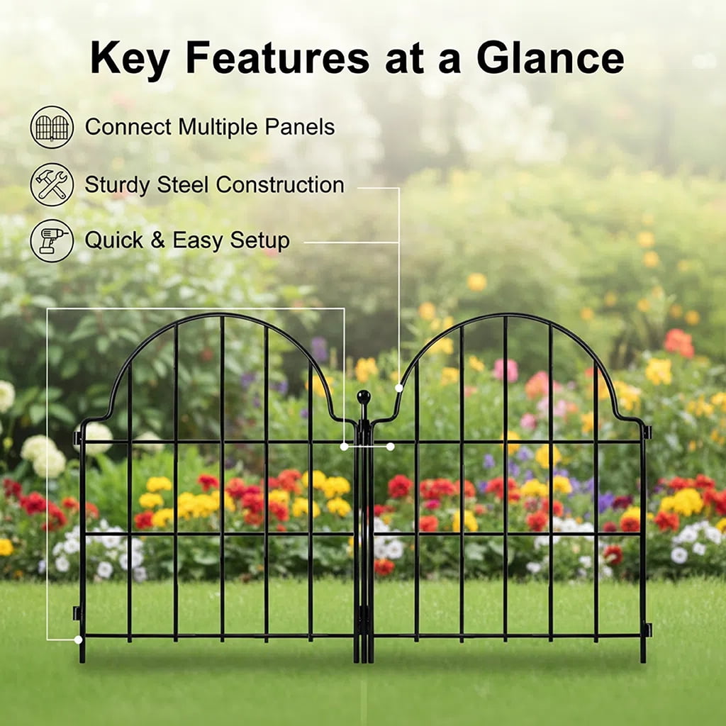 Metal Garden Fence, 22 in(H) x 32.88 ft(L) Arched Rustproof Metal No Dig Fence Garden Fence Border, Ground Stake Animal Barrier Fence for Rabbit Dog, Outdoor Decor for Yard & Patio