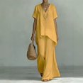 thumbnail image 2 of Women's Linen-Blend Short Sleeve Asymmetric Tunic & Wide Leg Pants 2-Piece Set Casual Summer Daily Vacation Outfit Trendy Going Out Suits for Womens Yellow S, 2 of 6