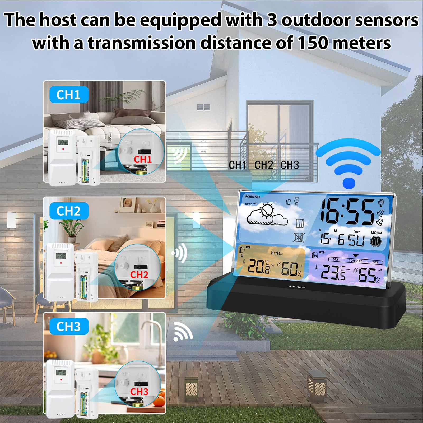 Cacagoo Weather Station Wireless Indoor Outdoor Thermometer, Color Display Digital Weather Thermometer with Atomic Clock, Barometric Pressure, Forecast Station with Adjustable Backlight