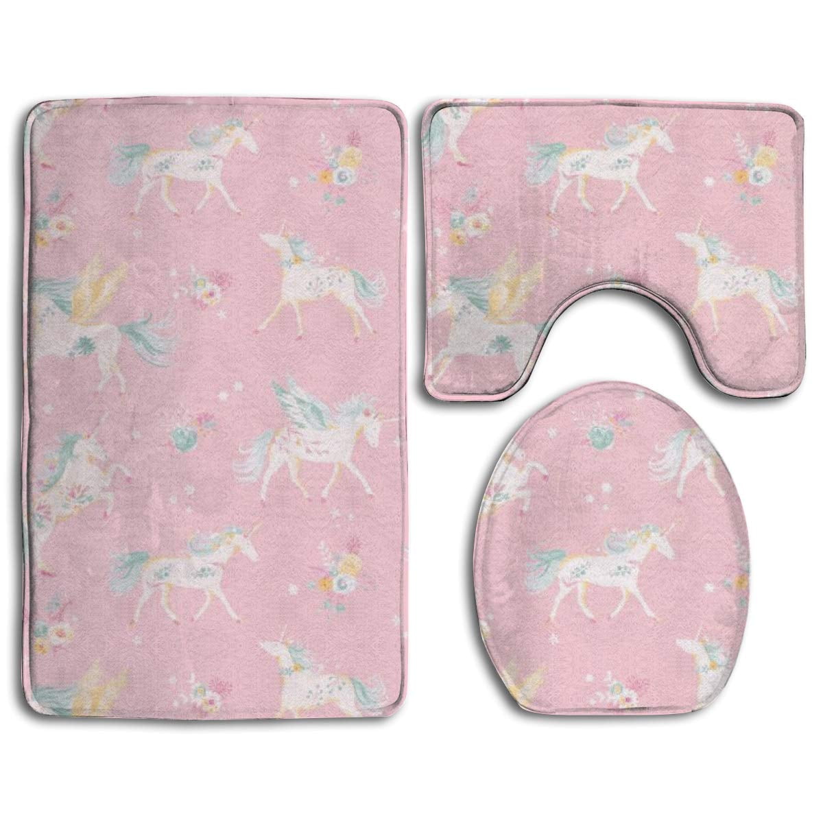 CHAPLLE Pink Jump Kawaii Cartoon Unicorn 3 Piece Bathroom Rugs Set Bath