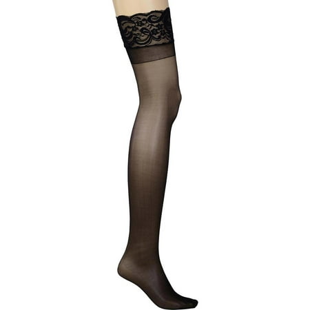 Womens Plus Size Hosiery Sheer Lace Top Black Thigh High Stockings For Garter Belt
