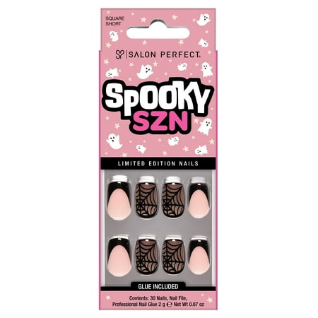 Salon Perfect Halloween Fall Artificial Fake Press On Nails, 398 Black Web French, Short Square, File, Glue and Prep Pad Included, 30 Nails