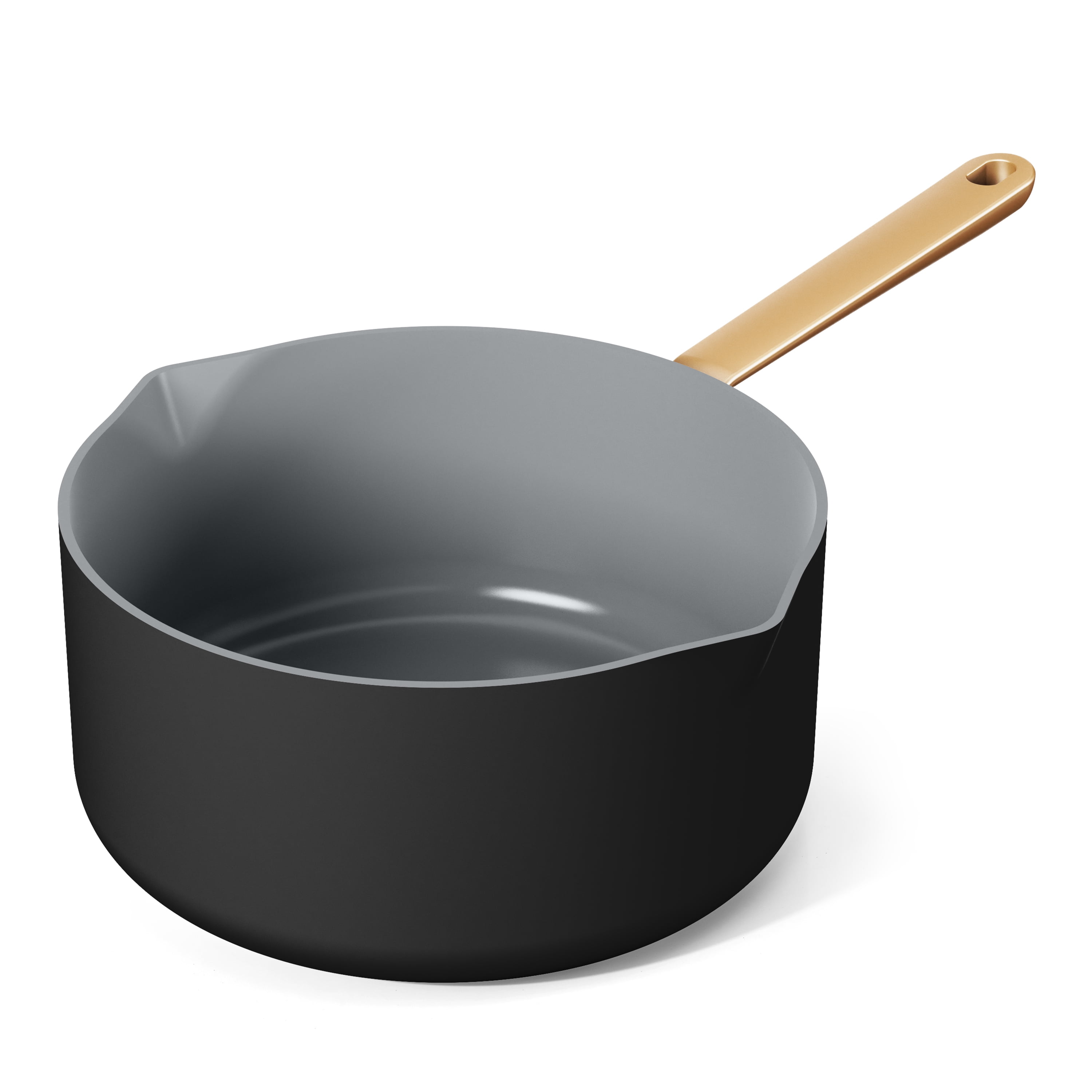 Beautiful 3 Quart Ceramic Non-Stick Covered Sauce Pan with Strainer Lid, Black Sesame by Drew Barrymore