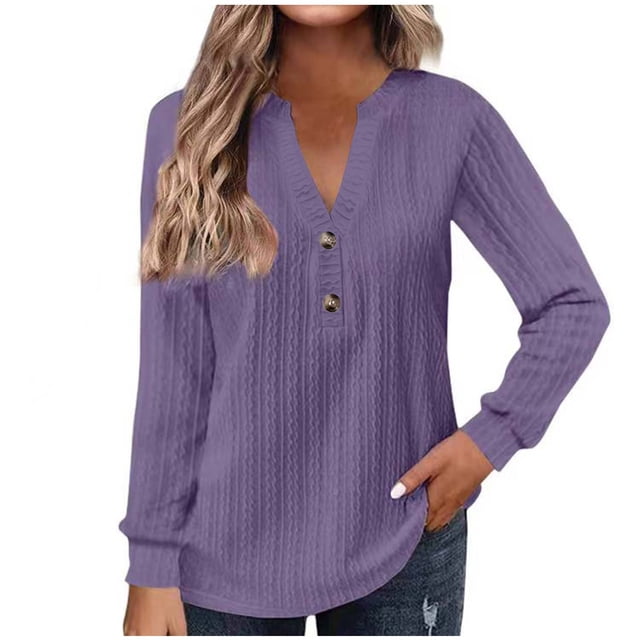 KIHOUT Spring Winter Womens Tops Fashion Button V-Neck Long Sleeve Casual T-shirt Top Solid Color Blouse