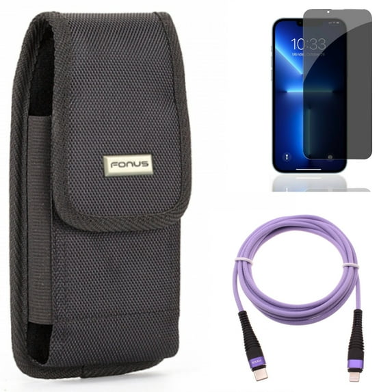 Case Belt Clip & Privacy Screen Protector & Purple 10ft PD Cable for iPhone 13,Pro ONLY - Swivel Holster Rugged + Tempered Glass Curved Anti-Spy + USB-C Extra Long Cord Fast Charger Combo