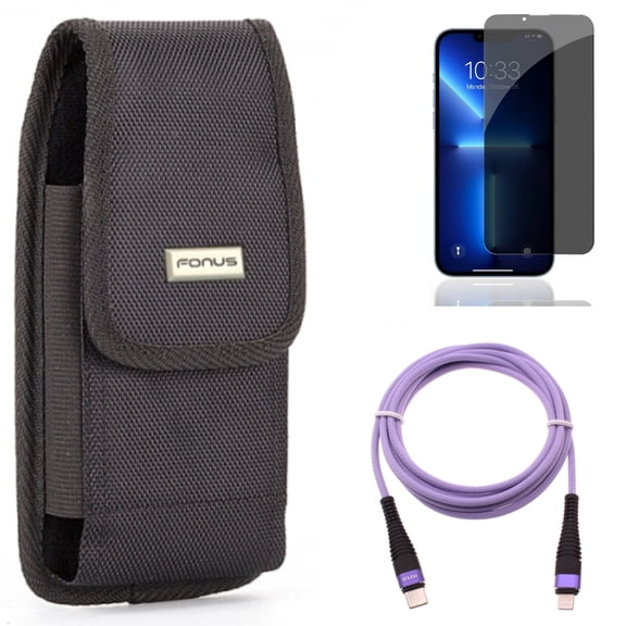 Case Belt Clip & Privacy Screen Protector & Purple 10ft PD Cable for iPhone 13,Pro ONLY - Swivel Holster Rugged + Tempered Glass Curved Anti-Spy + USB-C Extra Long Cord Fast Charger Combo