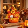 thumbnail image 4 of Artificial Sunflower and Pumpkin Table Decor, Realistic Faux Floral Pumpkin Ornament, Fall Desktop Centerpiece, Seasonal Autumn Home Dining Table Mantel Decoration, B, 4 of 7
