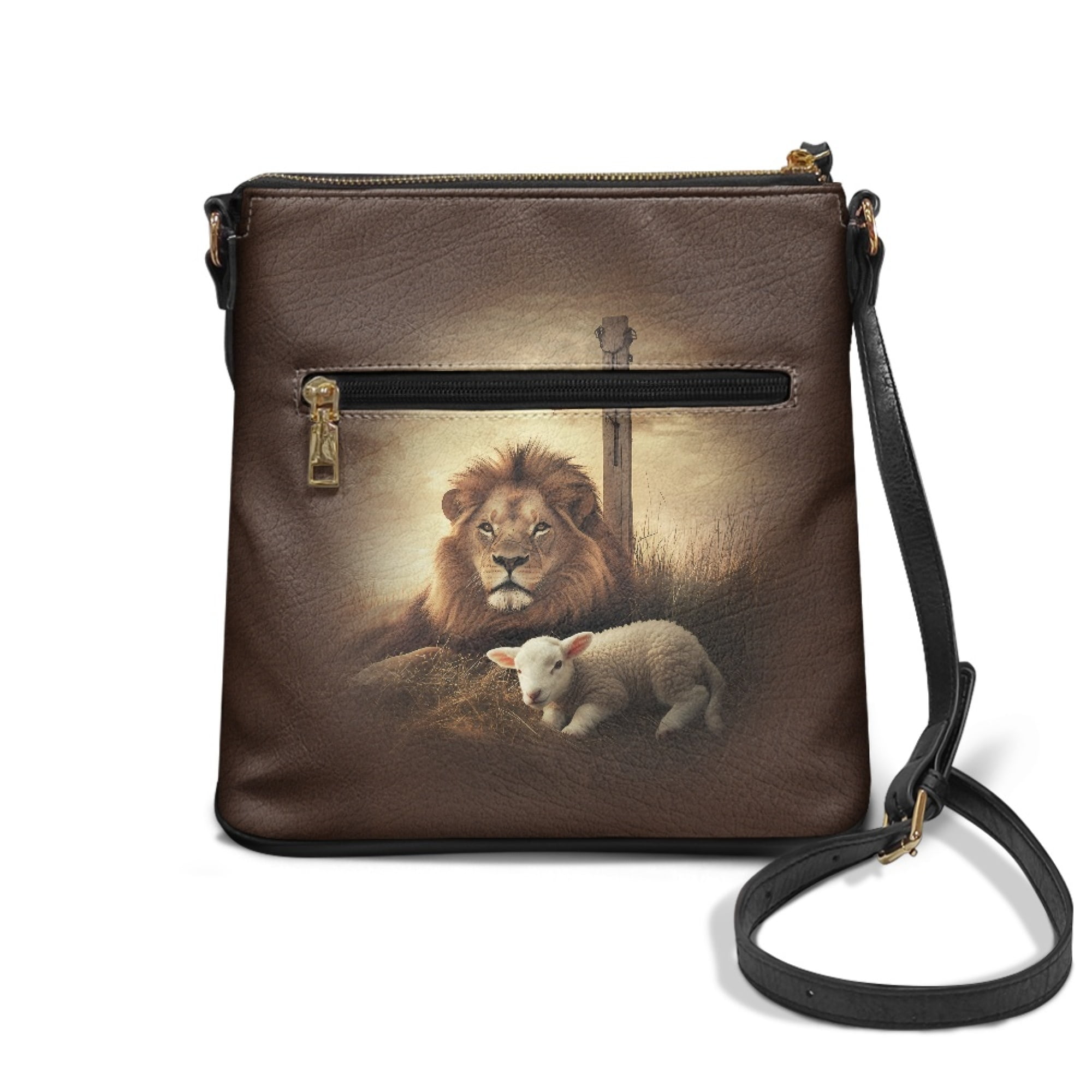 Kuiaobaty Lion Lamb Cross Print Crossbody bag for Women, Medium Size Portable Leather Satchel Purse with Adjustable Strap, Lightweight Messenger Handbag Crossbody for Travel