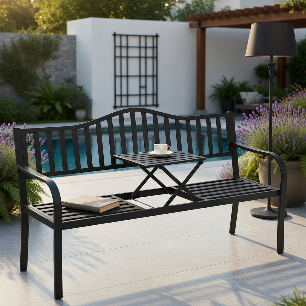 Hommoo Outdoor Steel Patio Bench with Foldable Center Table, Rust-Resistant Garden Seating for Backyard, Deck & Balcony, Black