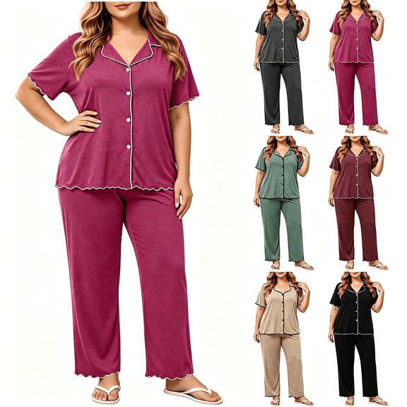 Zynoxe Plus Size Pajamas Sets for Women Short Sleeve Button Down Tops and Wide Leg Pants Matching Outfit Soft Comfortable Two Piece Sets