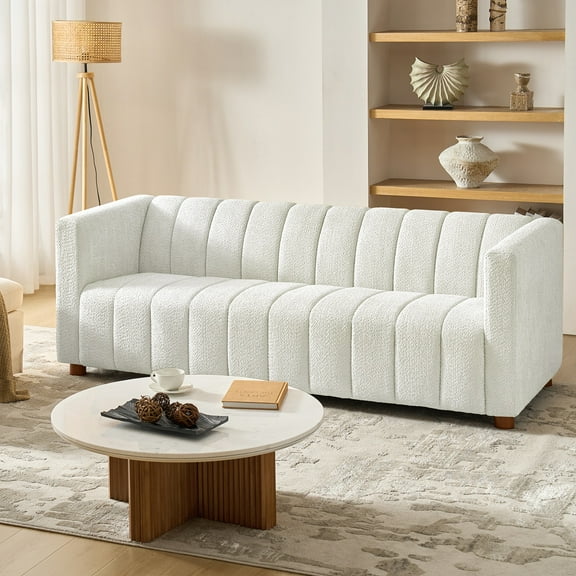 3-Seater Modern Sofa with Removable Throw Pillows Chenille Fabric Couch for Living Room Ivory