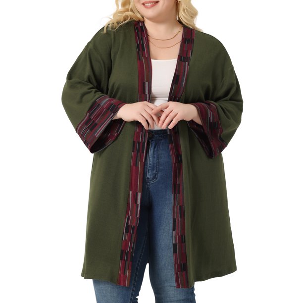 Cárdigan midi boho de mujer plus size Agnes Orinda de otoño, abierto por delante, color verde ejército, talla 2X