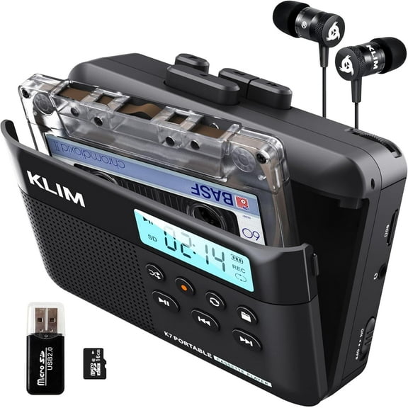 Restored KLIM K7 Cassette Tape Player   MP3 Converter   Portable   Built-in Microphone & Speaker   Rechargeable Battery   Earphones   16GB SD Card (Refurbished)