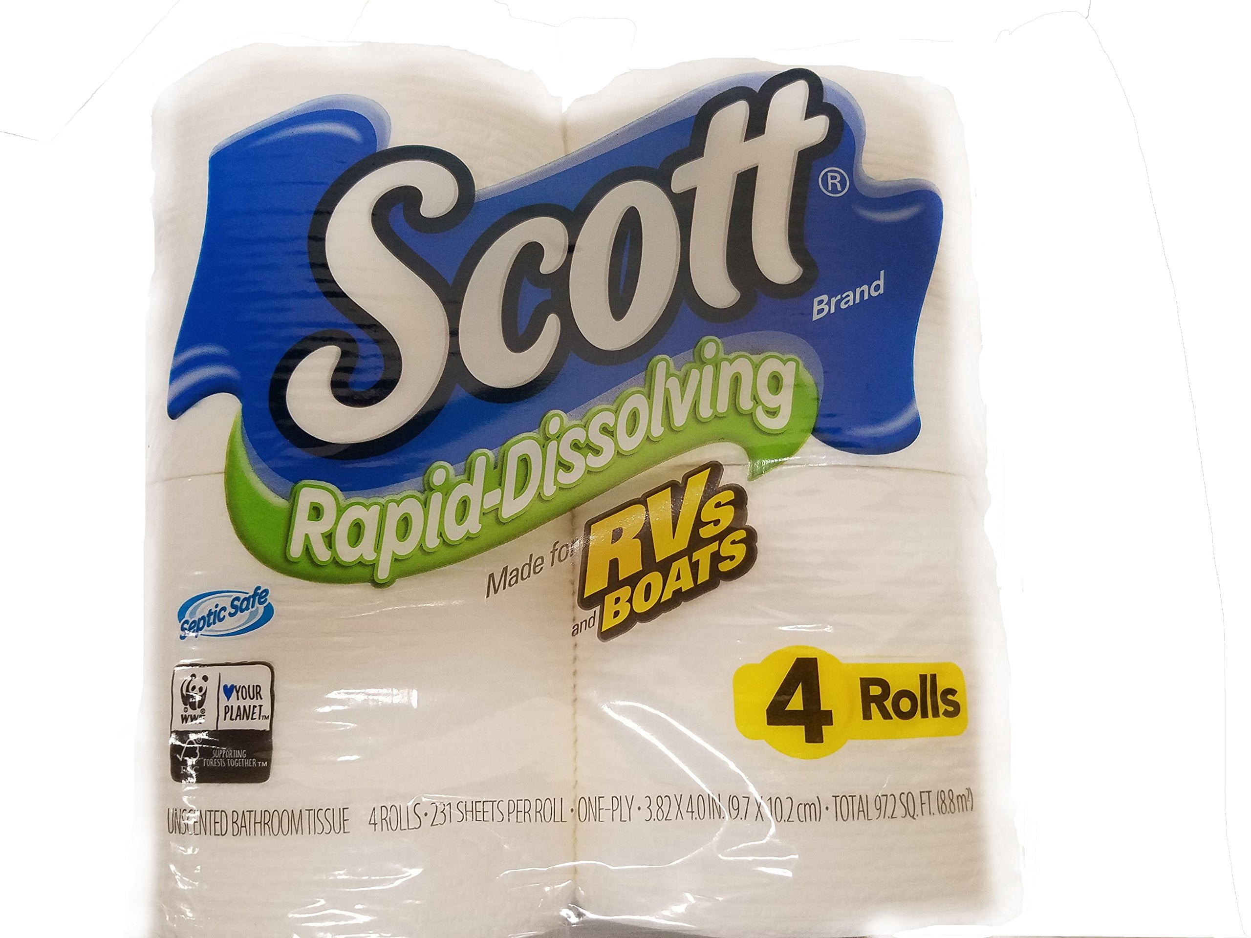 Rapid Dissolving Toilet Paper for RV Boat Camping, Septic Safe Bath Tissue, 4 Pack X 12 Rolls, Soft Absorbent Unscented, White