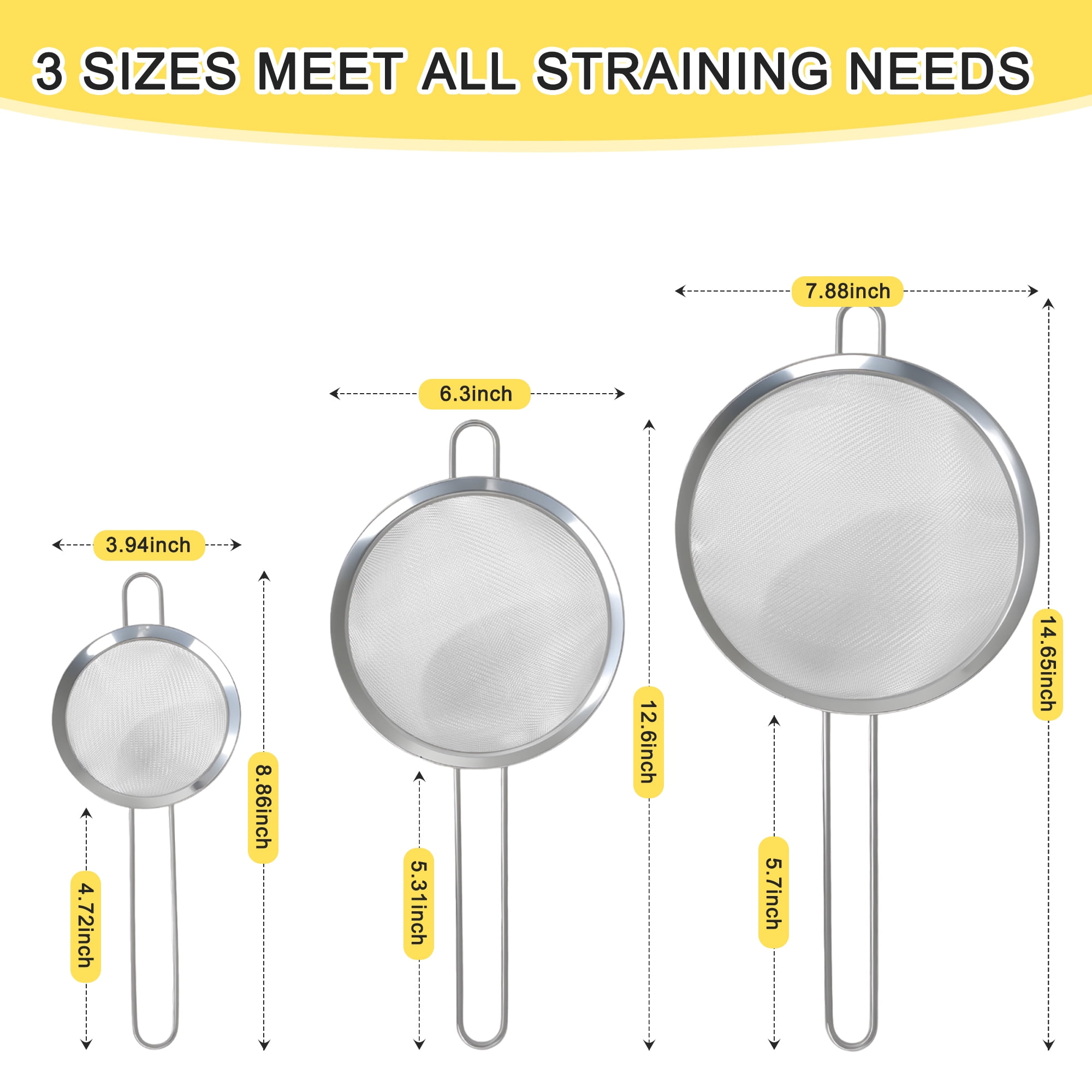 3 Pack Stainless Steel Fine Mesh Strainers, 4/6/8 Inch Kitchen Sieve Colander Set with Handle Hook, Food Strainer for Flour Juice Fruits Cooking
