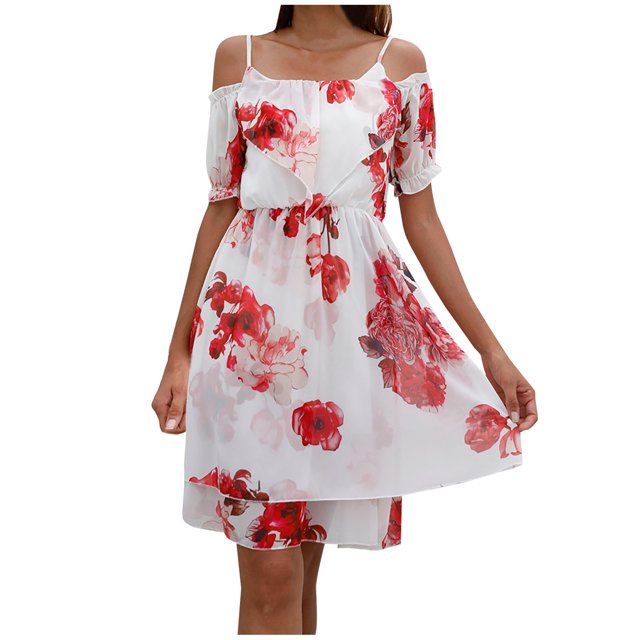 Vestido de verano con hombros descubiertos y estampado de gasa para mujer Vestido de playa Vestido de sol Mini vestido Fridja hjkh5072