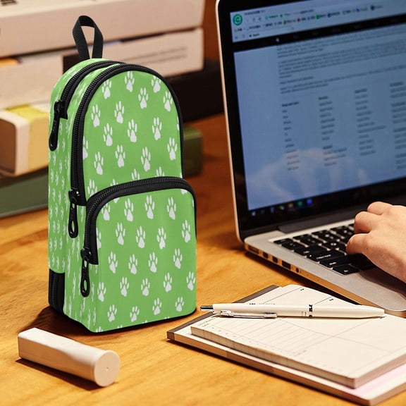 Backpack Pencil Case, 3 Compartment Large Capacity Oxford Fabric Pencil Pouch / Green Paw Print Pattern
