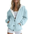 thumbnail image 4 of Women's Button Down Drawstring Hooded Cardigan, Long Sleeve Loose Fit Pocket Sweater, Soft Polyester Casual Cover Up for Fall Winter Spring Daily Wear and Seasonal Comfort Light Blue XL, 4 of 8