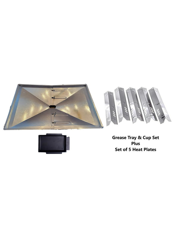 Grill Drip Pans Adjustable Grease Tray (24.5" to 27") and Heat Plates Set (5 Pack) for DynaGlo, Uniflame, BHG, Backyard Grill Models
