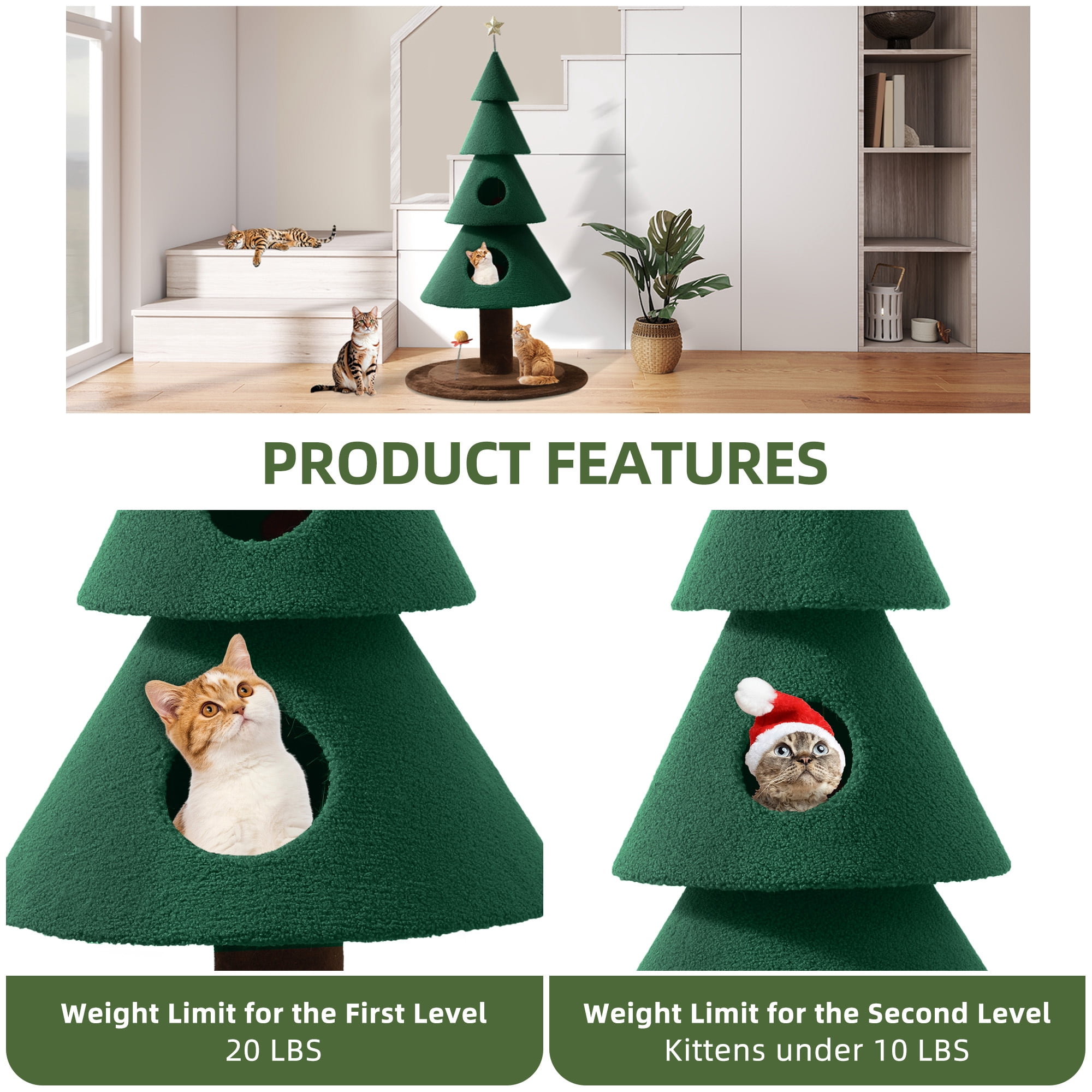 Dextrus 60in Large Christmas cat Tree, Indoor Cat Tower with 2 Condos & Flower Shaped Cat Teasing Stick ,Green