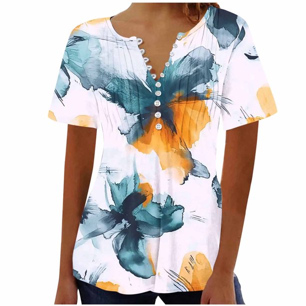 Tops de Algodón para las Mujeres Impreso V-Cuello Botón de Manga Corta, Blusa de Estante de Imitación Casual