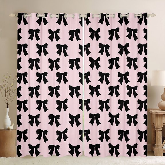 Manfei Princess Ribbon Teens Black Out Curtains, Dreamy Fairy Tale Bow Curtains Pack of 2 (42x63 Each), Pink Black Cartoon Bedroom Curtains, Curtains and Drapes Decor