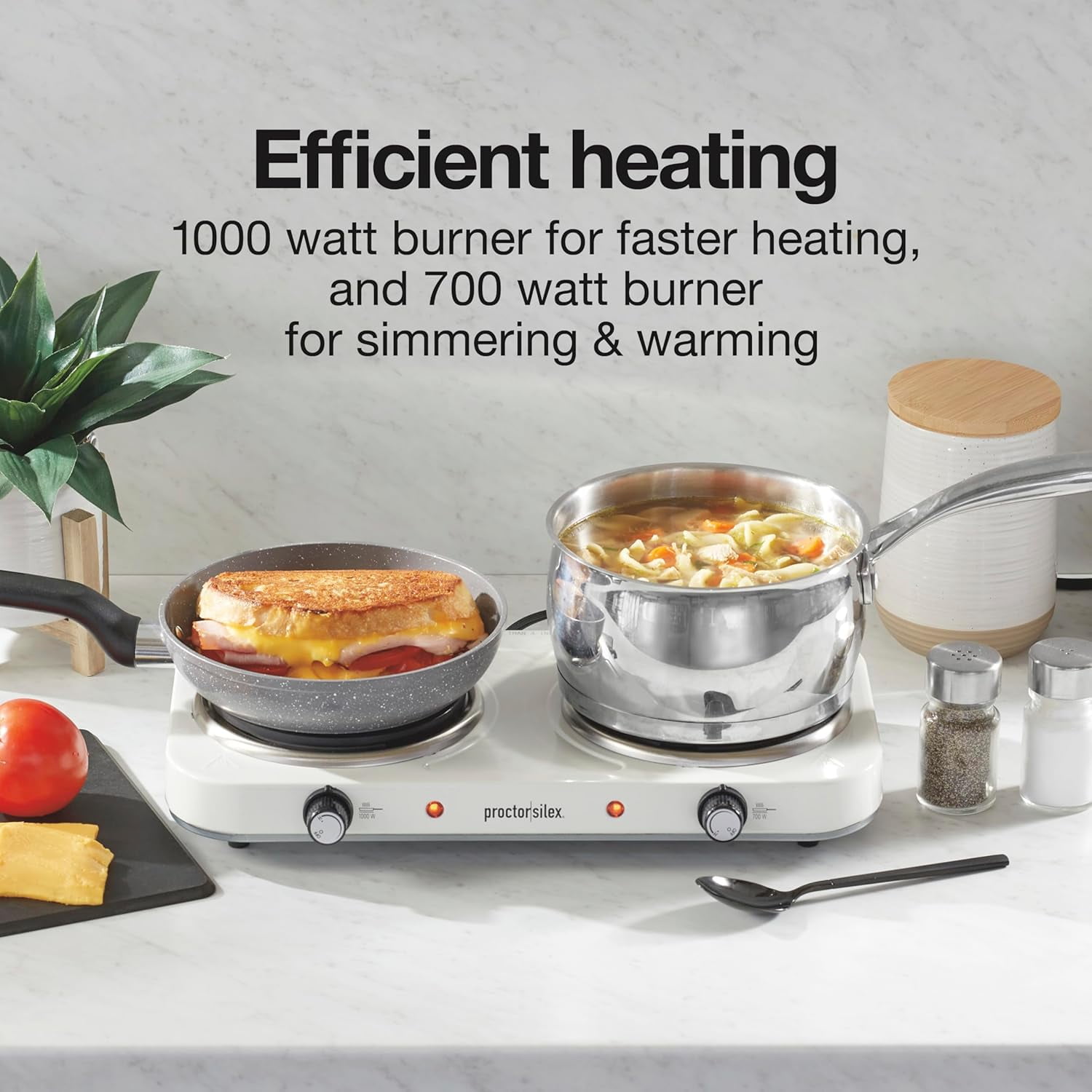 Portable Electric Stove, Cast Iron Double Burner Cooktop, Compact, Adjustable Temperature Hot Plate, 1700 , White (34117)