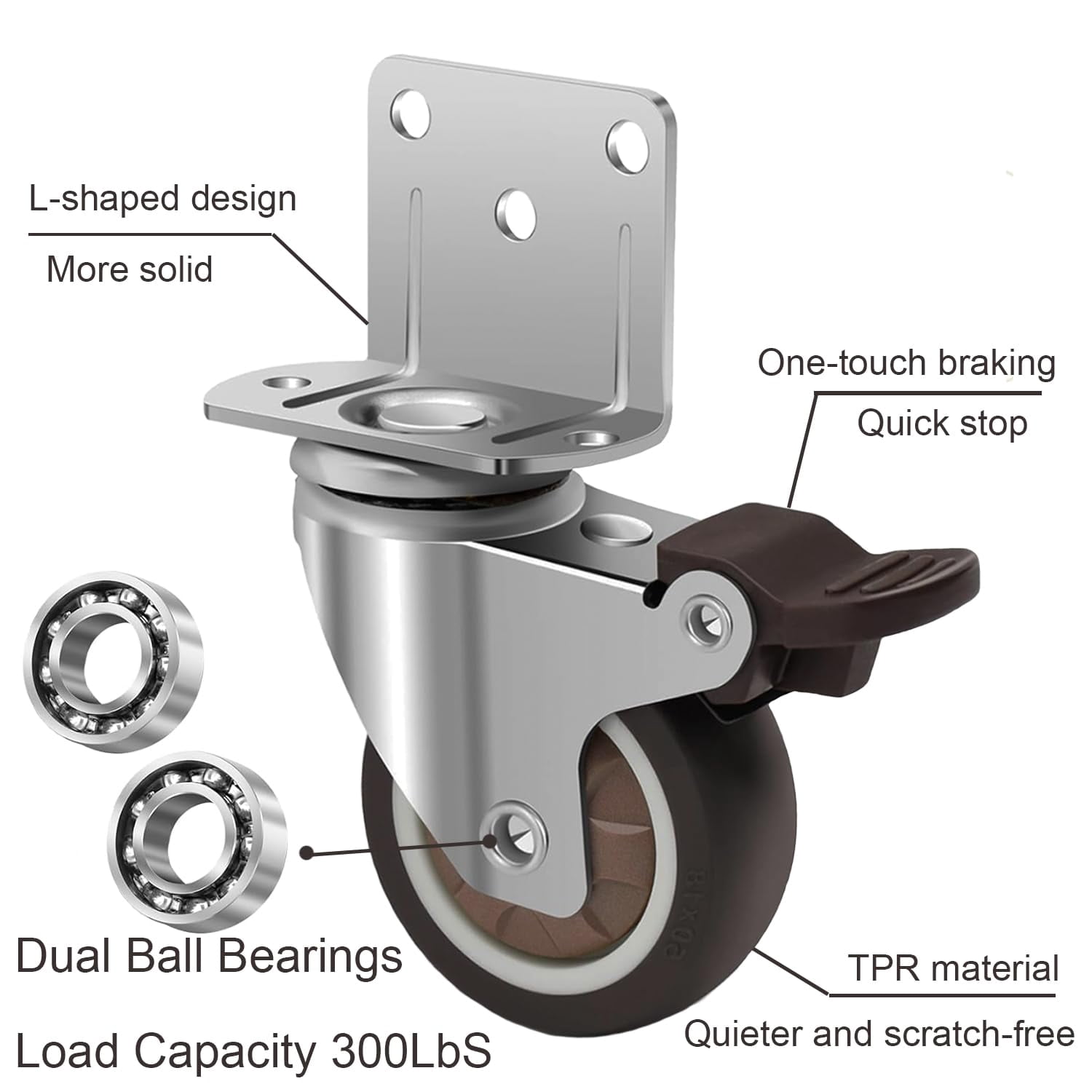 2-inch side-mounted caster set, 4 rubber small casters, furniture casters, baby crib with wheels, table wheels, cabinet, office chair caster replacement, total load capacity of 300 pounds.