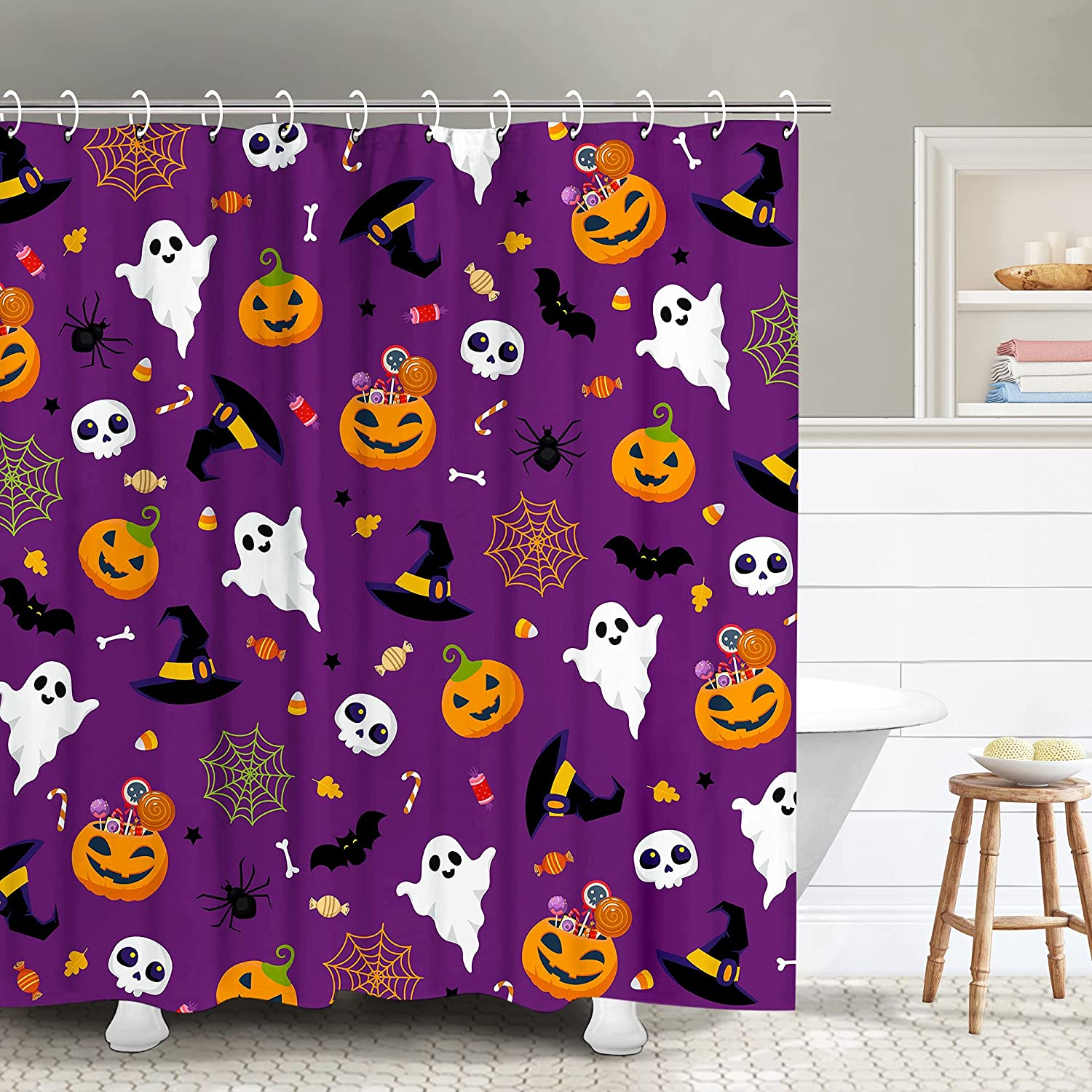 JOOCAR Halloween Shower Curtain, Purple Halloween Shower Curtain Set