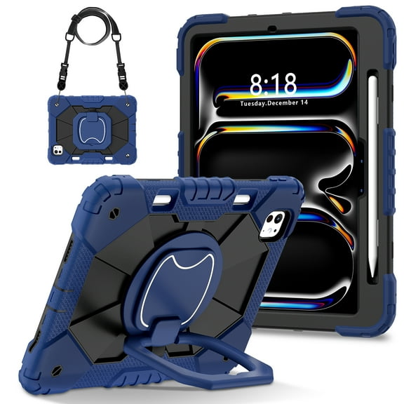 Heavy Duty Shockproof Hard Tablet Case for iPad Pro 11" (M4/M5), 3 Layers Rugged Case with Rotatable Kickstand/Handle/Pen Holder/Shoulder Strap, Blue Black