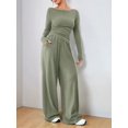 thumbnail image 5 of Women'S 2 Piece Matching Lounge Set Long Sleeve Boat Neck Top Wide Leg Pants Casual Sweatsuit Bean Green L, 5 of 9