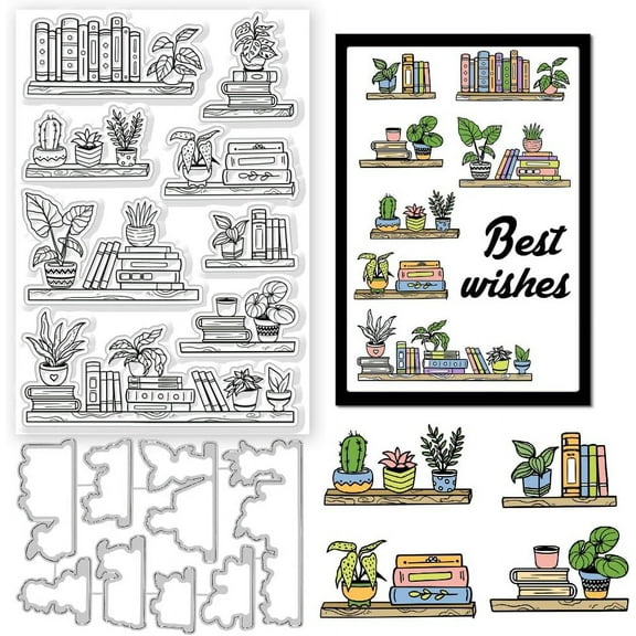 1set 2Pcs Potted Bookshelf Clear Stamps and Cutting Dies Potted Bookshelf Books Silicone Clear Stamps Cards and Metal Die Cuts for Card Making and DIY Embossing Scrapbooking