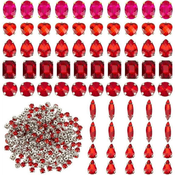 270Pcs 8 Styles Red Glass Sewing Rhinestone Flatback Sewing Claw Rhinestones Sewing Rhinestone for Shoes Clothes Wedding Dress Handbags Jewelry Making