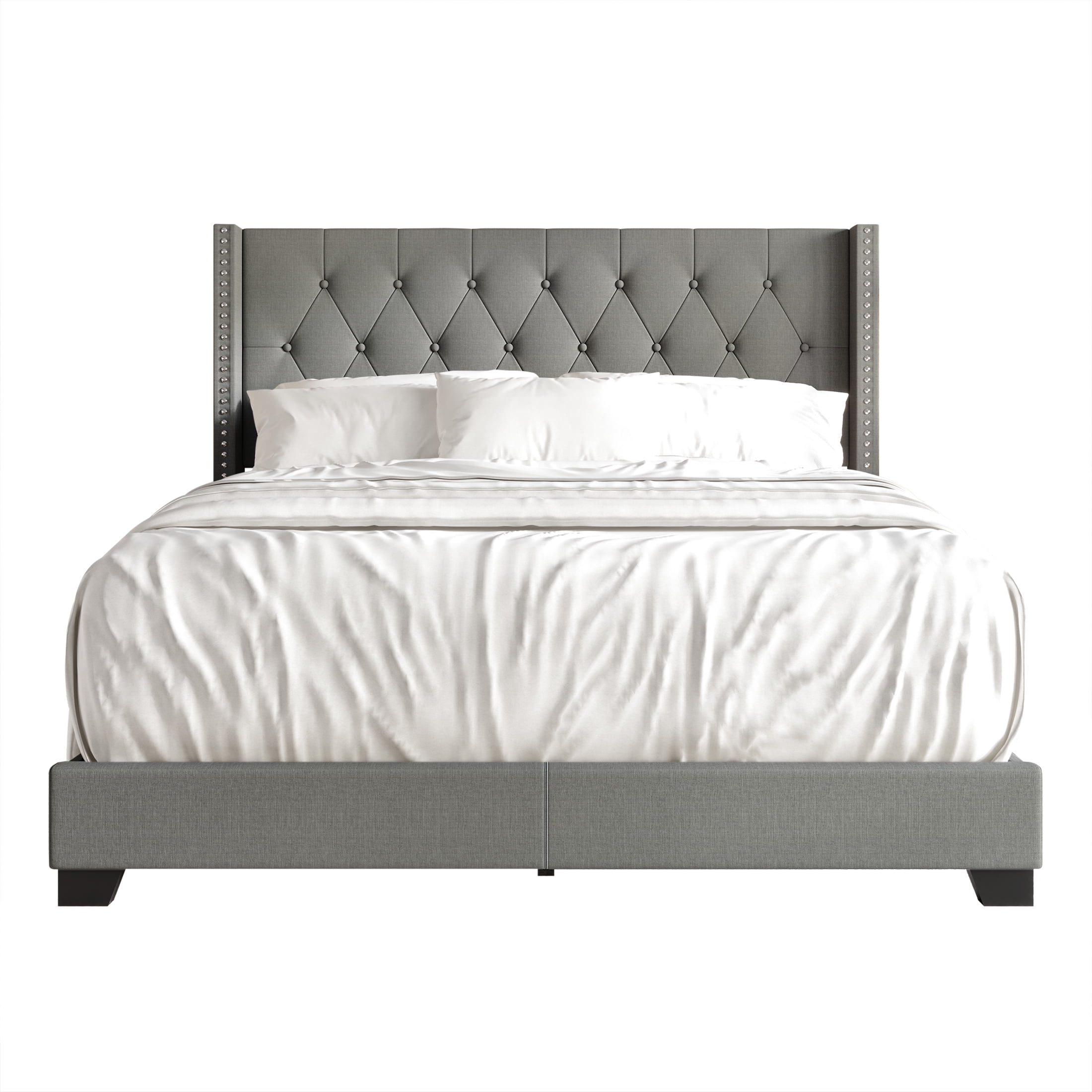 Castle Place Nailhead Trim Wingback Linen Upholstered Bed, Light Grey, Full
