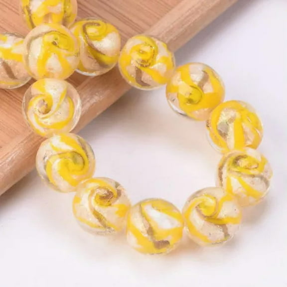 U8MO 10pcs Round 10mm 12mm Foil Lampwork Glass Handmade Beads for Jewelry Making-10mm-Yellow