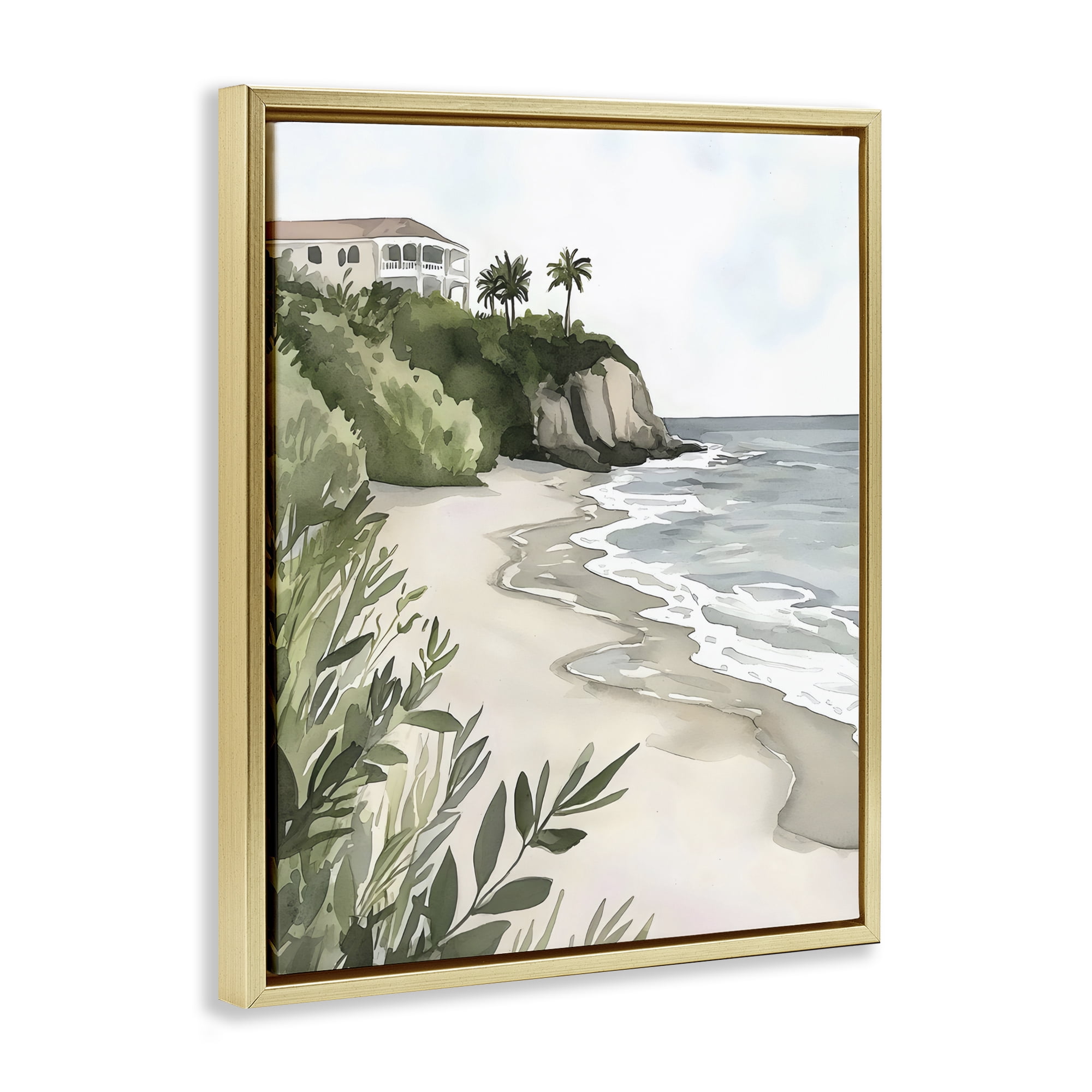 Stupell Industries Coastal Calm Villa on Bluff Gold Framed Floater Canvas Wall Art, design by Riley B