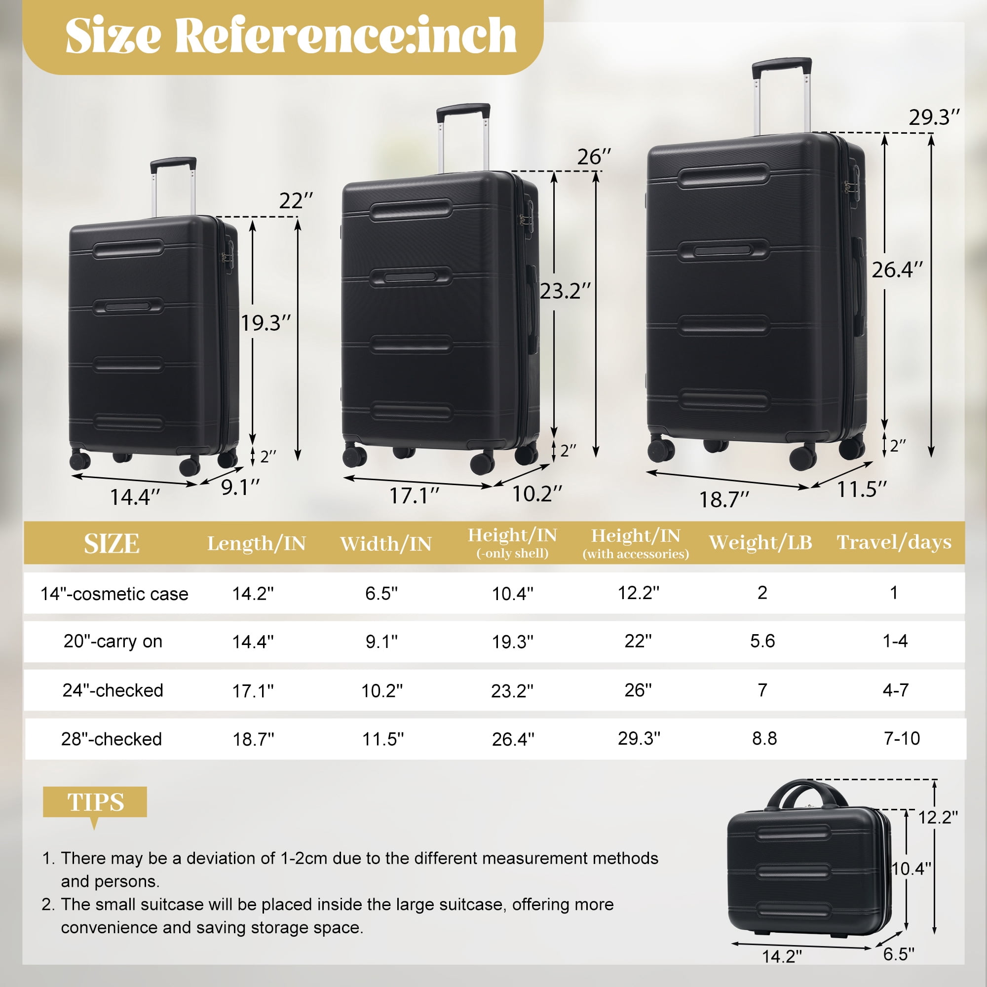 6 Piece Luggage Set,Lightweight Hardshell Suitcase with Double Spinner Wheels Handle Password Lock,14 IN Cosmetic Case 20/24/28 IN Luggages with Duffel Bag and Toiletry Bag