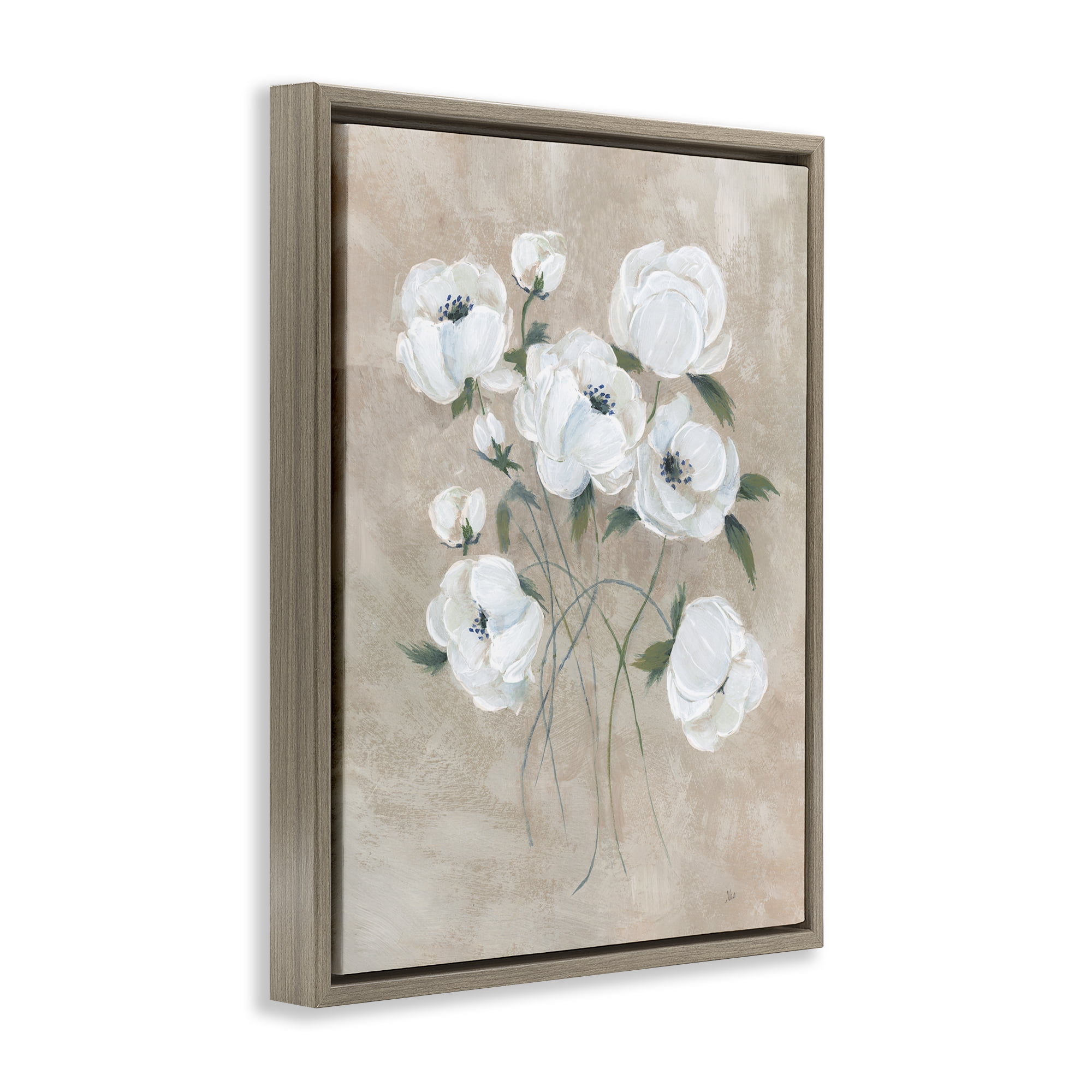 Stupell Industries Flowers on Neutral Beige Plants & Flowers Painting Brown Floater Framed Canvas Art Print Wall Art, 25 x 31