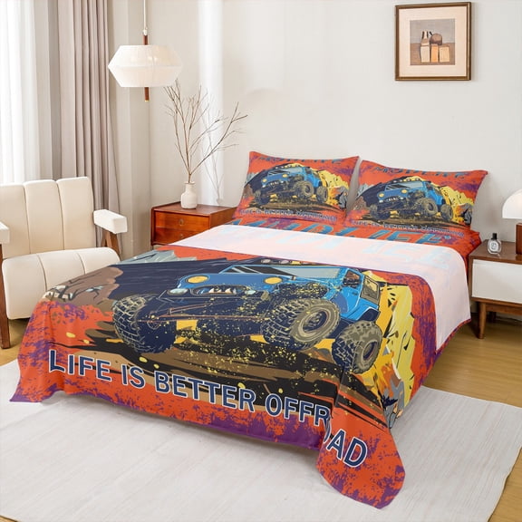 Homewish Blue Truck 3pcs Twin Sheet Sets for Teens Boys,Car Theme Twin Fitted Sheet,Graffiti Splash Breathable Flat Sheet,Super Cozy Room Decor