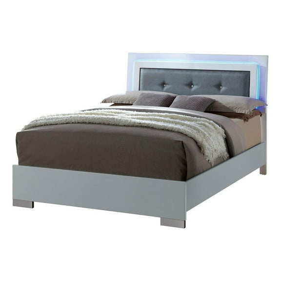 Benjara Wooden Eastern King Bed with Leatherette Headboard, White and Black