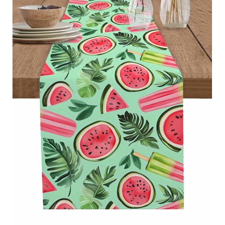 Watermelon Table Runner 60 Inches, Green Palm Leaves Popsicle Summer Fruit Bed Runner Dresser Scarves Tabletop for Indoor Outdoor Parties/Ceremony/Banquet, 13" x 60"