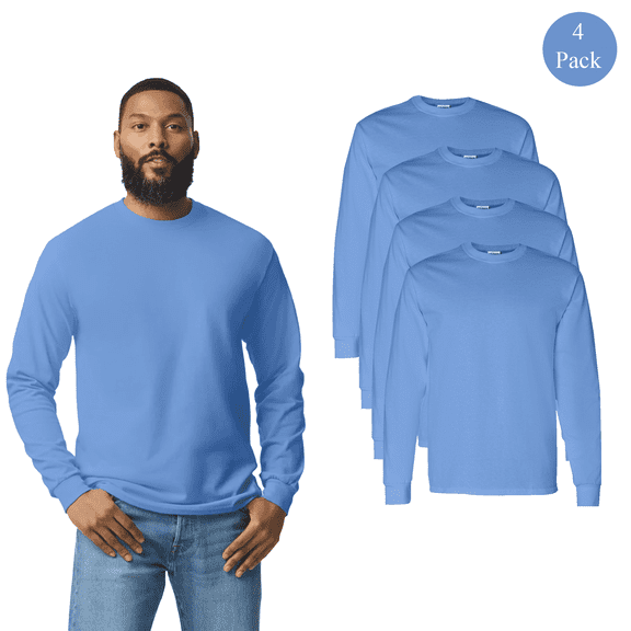 Gildan Long Sleeve T-Shirt, Men's Heavy Cotton Comfortable Crew Neck Tee, Carolina Blue, S, 4 Pack